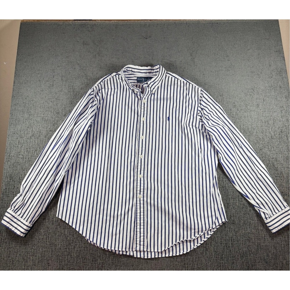 Ralph Lauren Mens XXL Classic Fit Blue White Striped Button Down Shirt LS